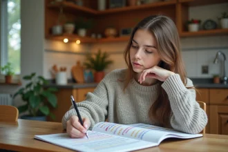 Jeune femme étudie une table de déclinaisons allemandes
