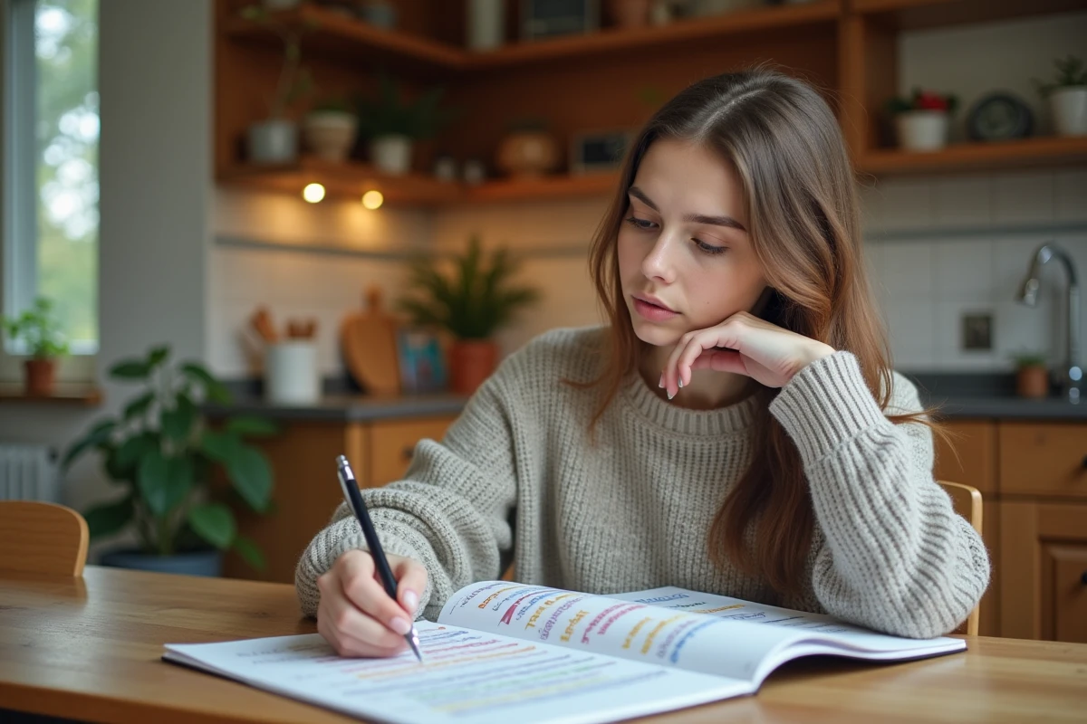 Jeune femme étudie une table de déclinaisons allemandes
