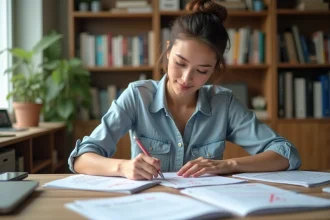 Jeune femme concentrée à annoter des documents sur un bureau lumineux