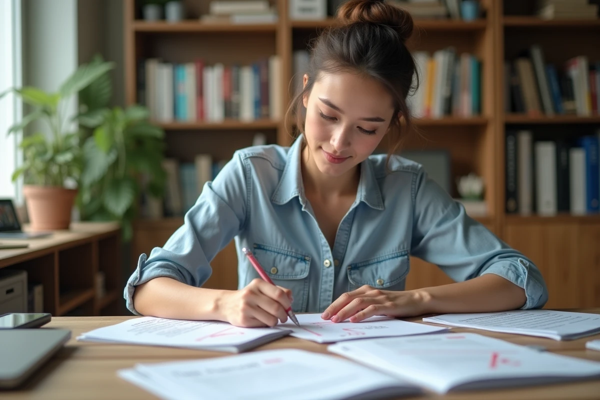 Jeune femme concentrée à annoter des documents sur un bureau lumineux