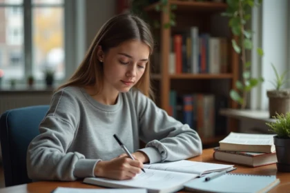 Jeune femme en home office annotant un exercice d'allemand