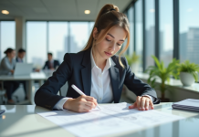 Jeune femme en tenue d'affaires examinant des plans architecturaux