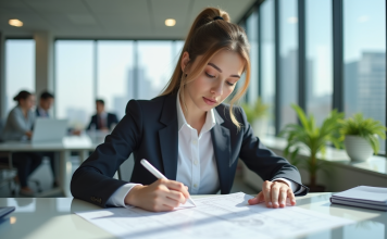 Travailler dans un métier en V : perspectives et réalités Jeune femme en tenue d'affaires examinant des plans architecturaux