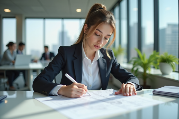 Jeune femme en tenue d'affaires examinant des plans architecturaux