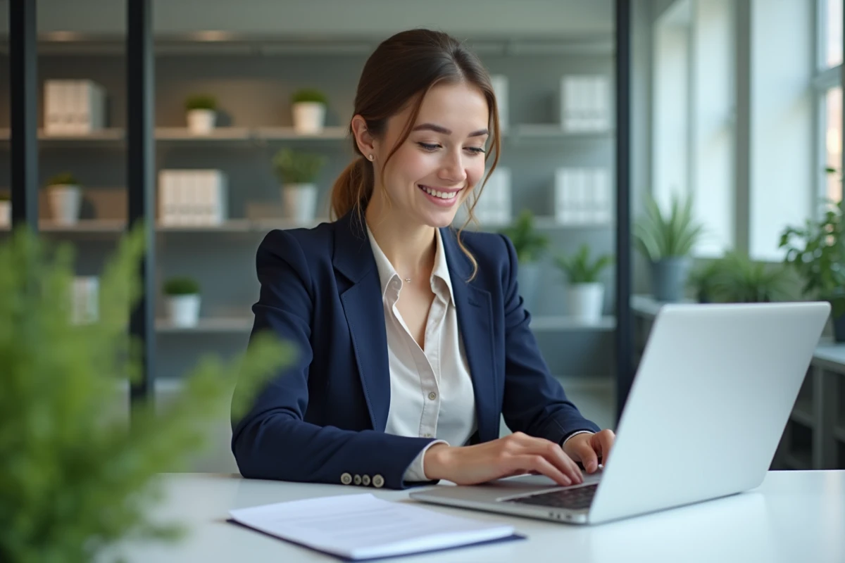 Jeune femme en blazer bleu examine son CV au bureau
