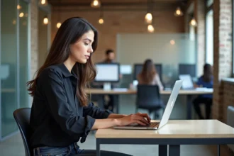 Jeune femme professionnelle travaillant dans un espace coworking parisien