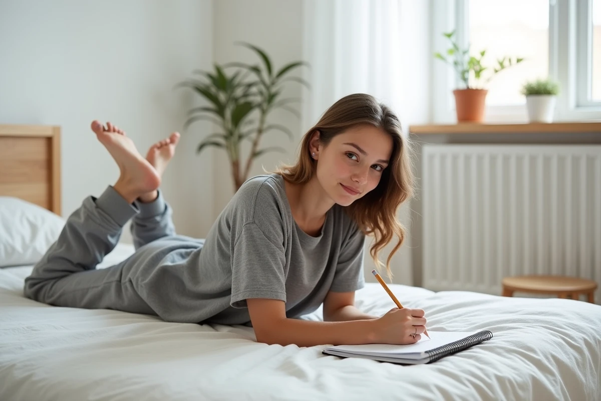 Jeune femme allongée sur son lit en train d'écrire dans un carnet, symbolisant la liberté et la régularité des exercices d'écriture quotidiens