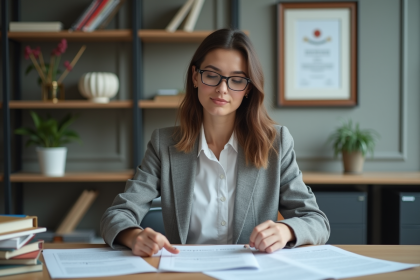 Jeune femme en étude universitaire dans un bureau moderne