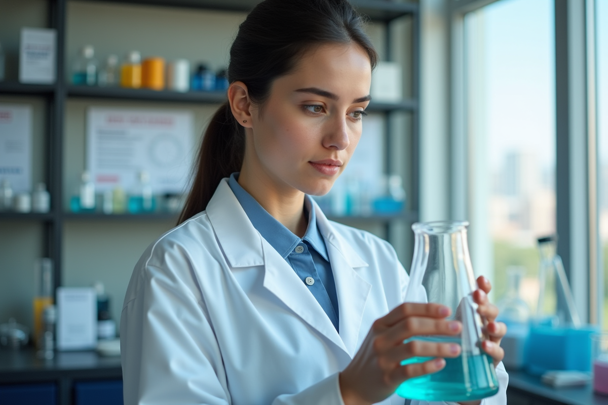 Jeune scientifique examine un bécher dans un laboratoire moderne