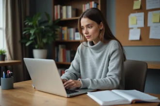 Jeune femme utilise un ordinateur portable dans un espace d'étude moderne