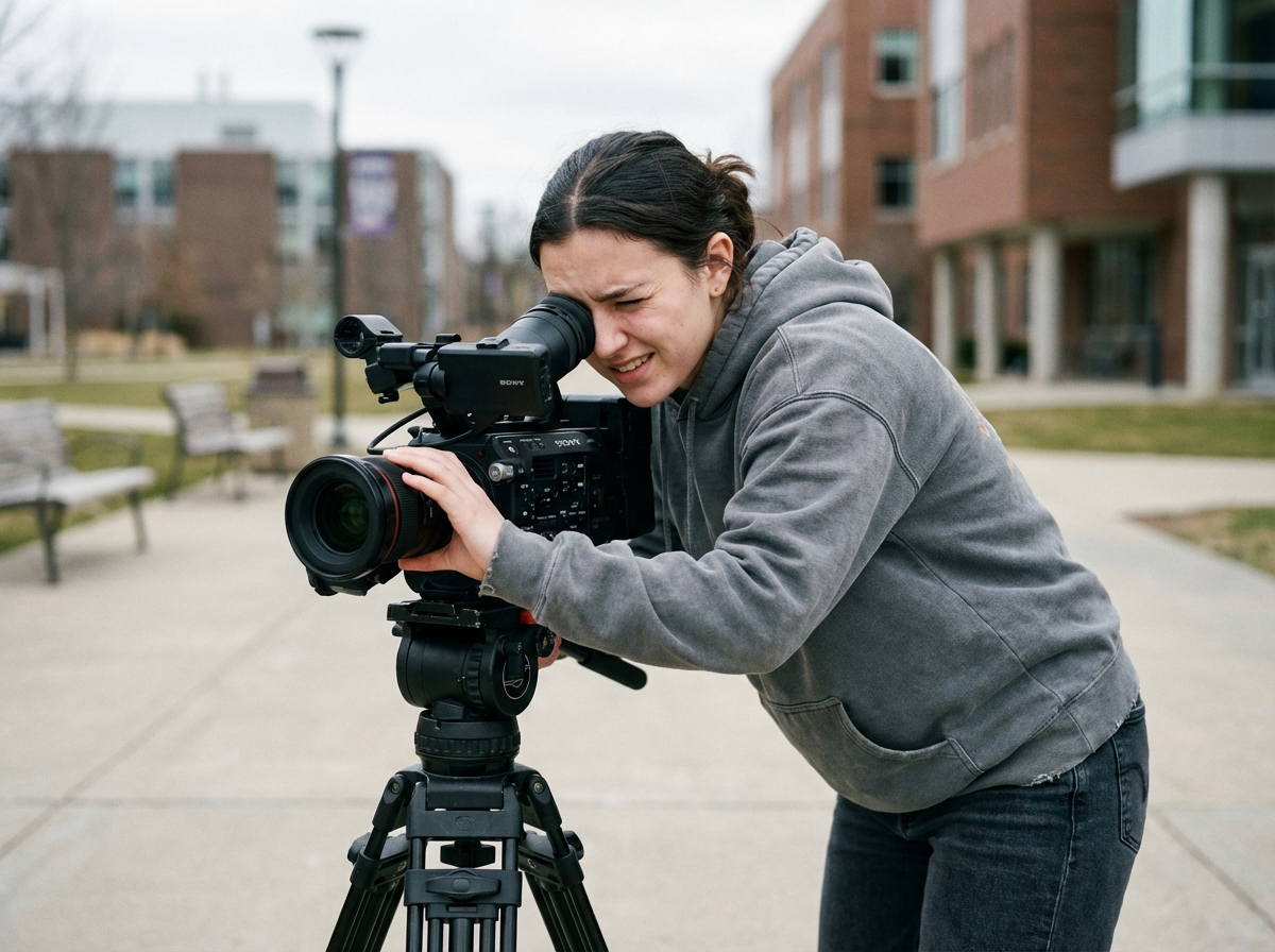 Jeune femme concentrée utilisant une camera en extérieur