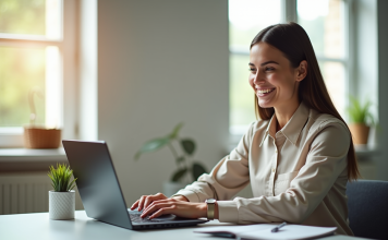 Comment optimiser votre connexion à Comptalia pour une expérience de formation optimale Jeune femme souriante utilisant un ordinateur dans un espace lumineux