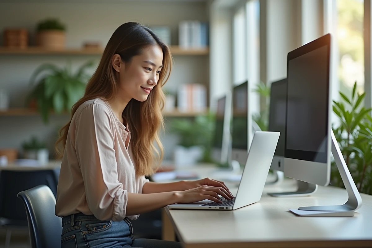 Jeune femme souriante sur ordinateur dans un espace lumineux