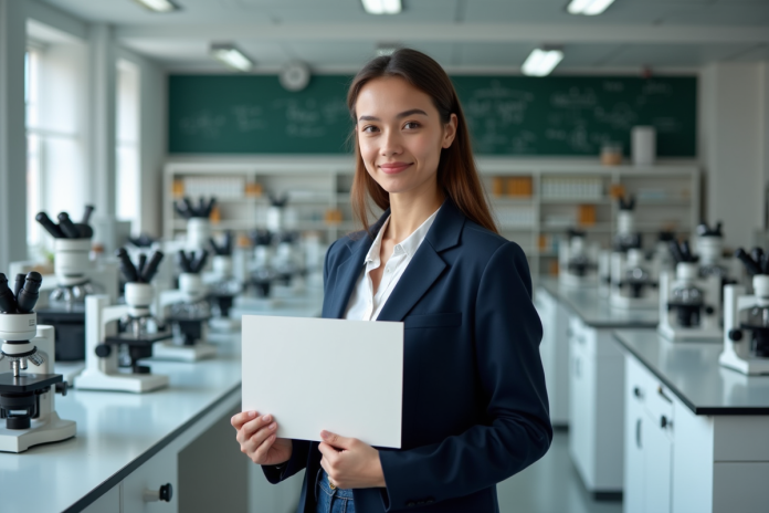 jeune-femme-scientifique-laboratoire Jeune femme scientifique avec certificat dans un laboratoire moderne