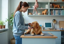 Étudier dans le domaine animalier : pourquoi c’est une bonne idée Jeune femme examine un chien en clinique vétérinaire