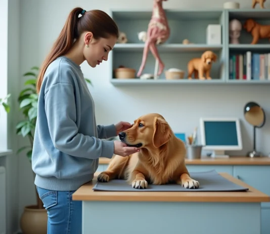 Étudier dans le domaine animalier : pourquoi c’est une bonne idée Jeune femme examine un chien en clinique vétérinaire