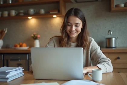 Jeune femme concentrée remplissant une demande de bourse à la maison