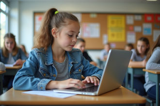 Jeune fille de 16 ans utilisant un ordinateur dans une classe motivante