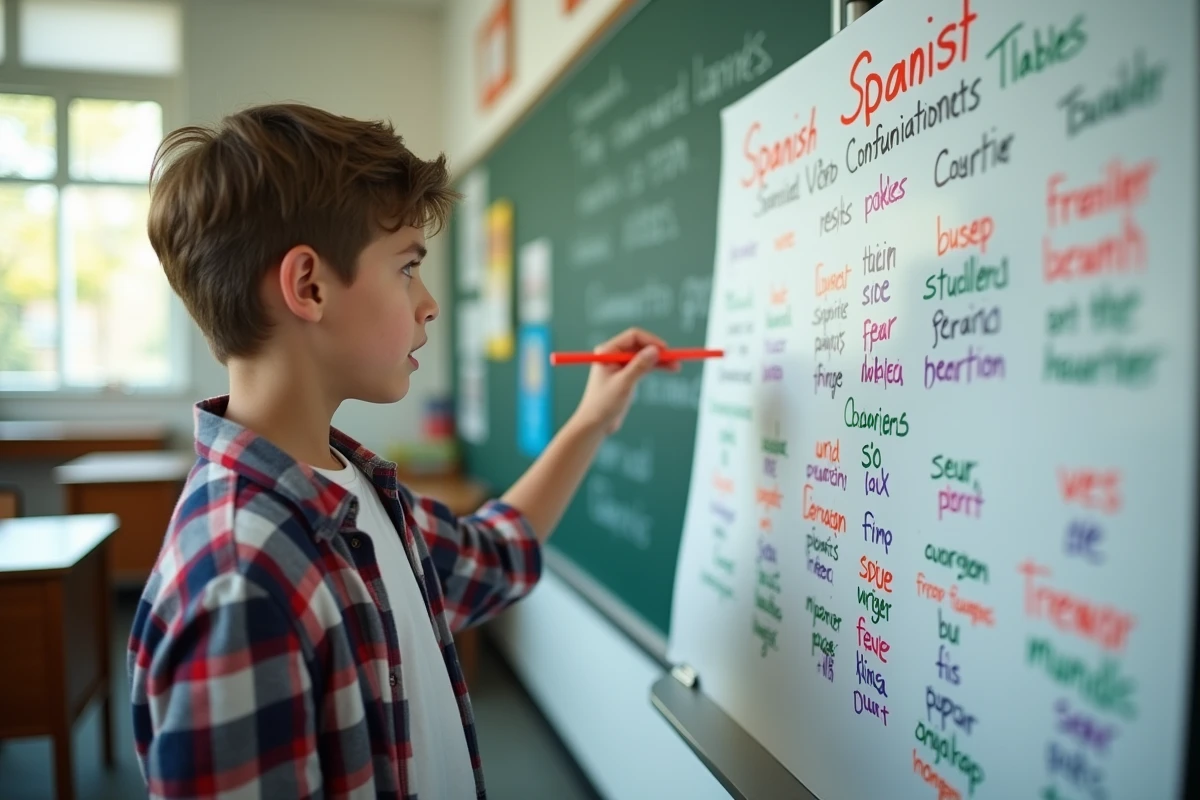 Jeune garçon remplissant un tableau de conjugaison espagnole en classe