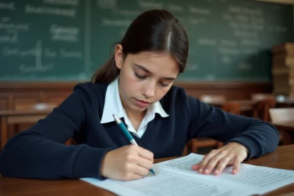 Jeune fille concentrée en classe lisant un extrait de littérature