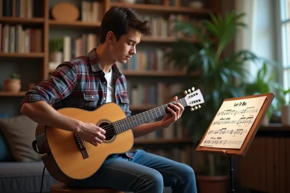 Jeune homme jouant de la guitare dans un salon chaleureux
