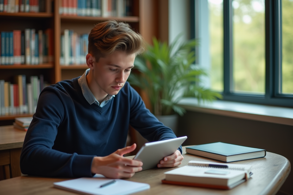 Jeune homme de 18 ans étudiant avec une tablette dans une bibliothèque