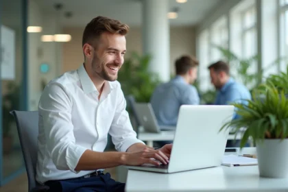 Jeune homme au bureau utilisant un ordinateur portable