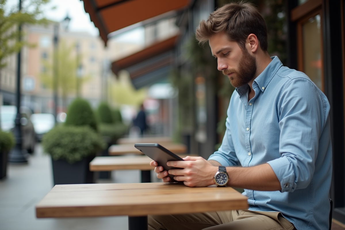 Jeune homme au café consultant une tablette en extérieur