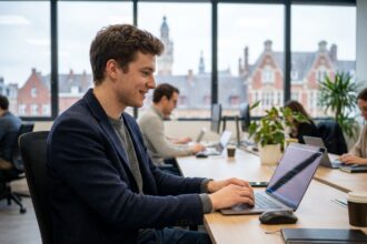 Jeune homme en blazer code sur un laptop à Lille