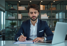 Analyste financier : quel diplôme choisir pour se démarquer dans le secteur financier ? Jeune homme d'affaires en costume dans un bureau moderne