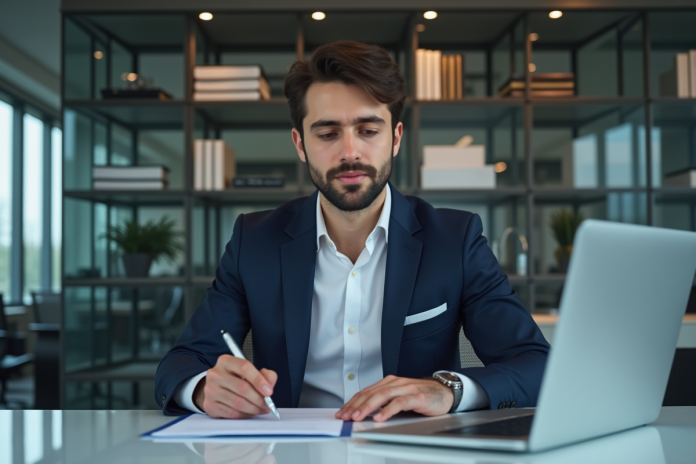 jeune-homme-finance-bureau Jeune homme d'affaires en costume dans un bureau moderne