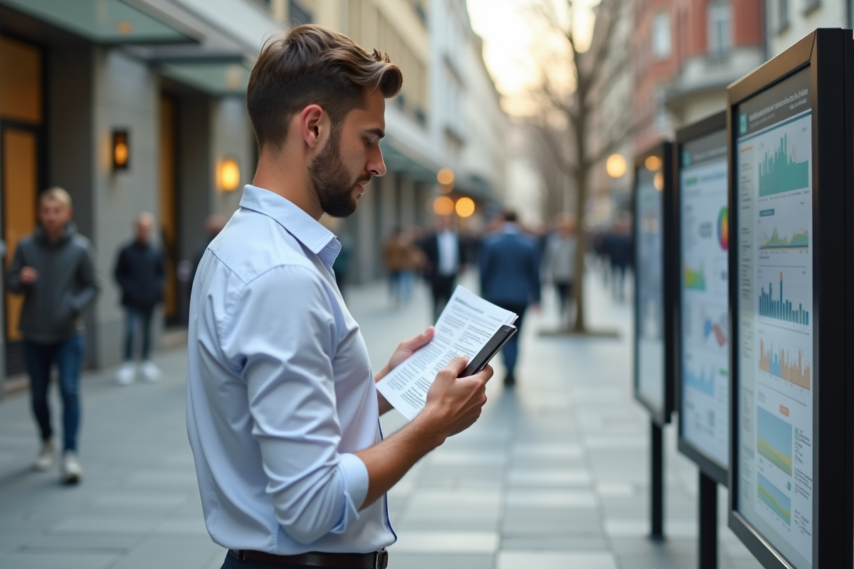 Jeune homme regardant un panneau d