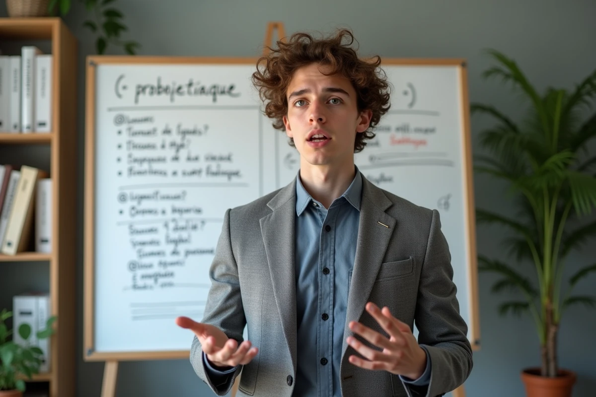 Jeune homme parlant avec assurance devant un tableau blanc