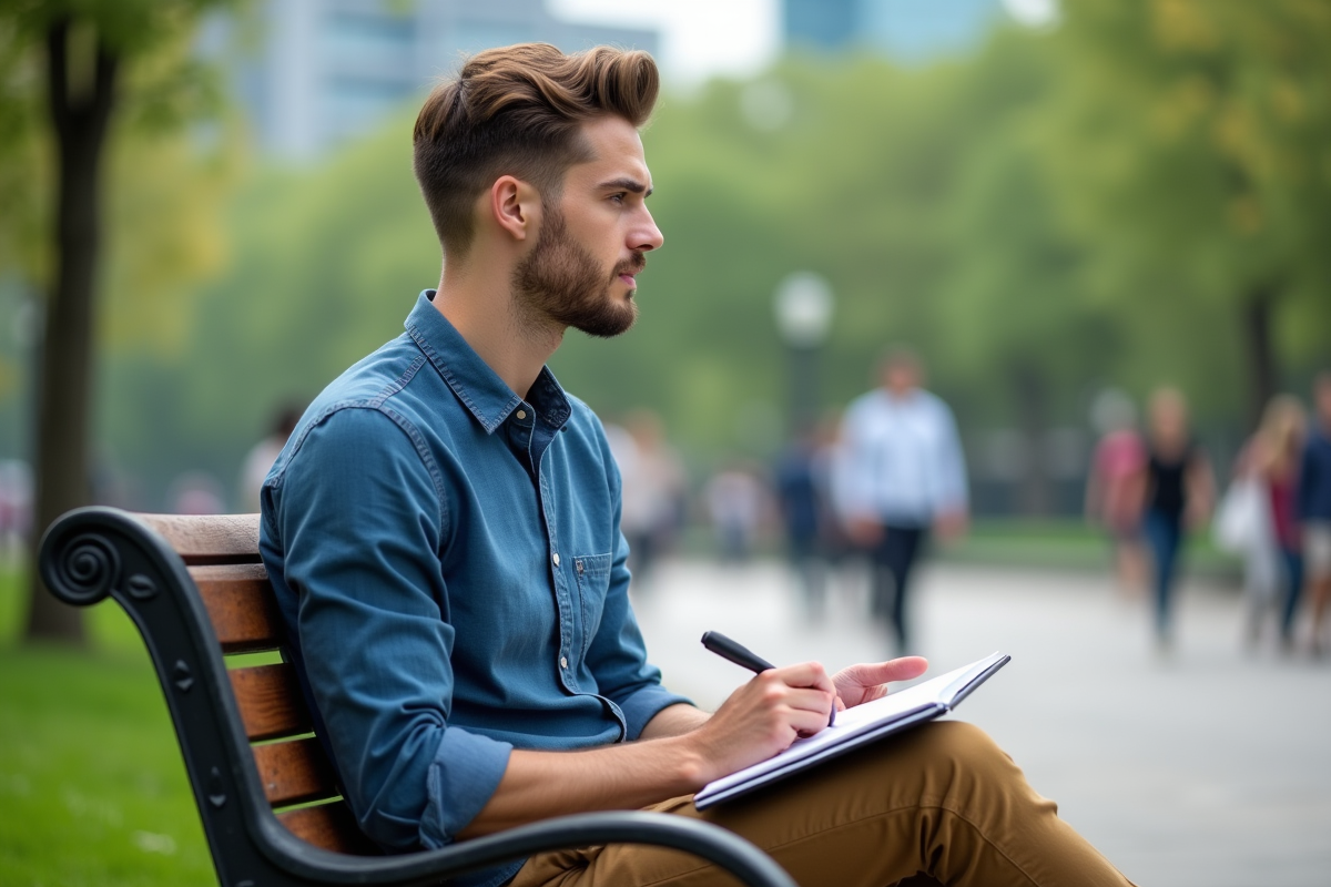 Jeune homme répétant un pitch dans un parc en ville