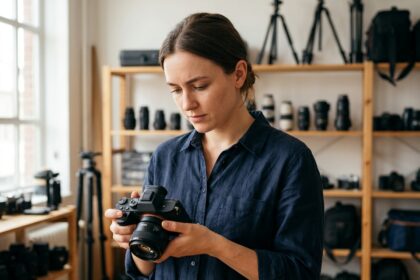 Jeune photographe femme tenant un appareil photo avec objectif 50mm dans un atelier photo professionnel, choisissant sa première spécialité