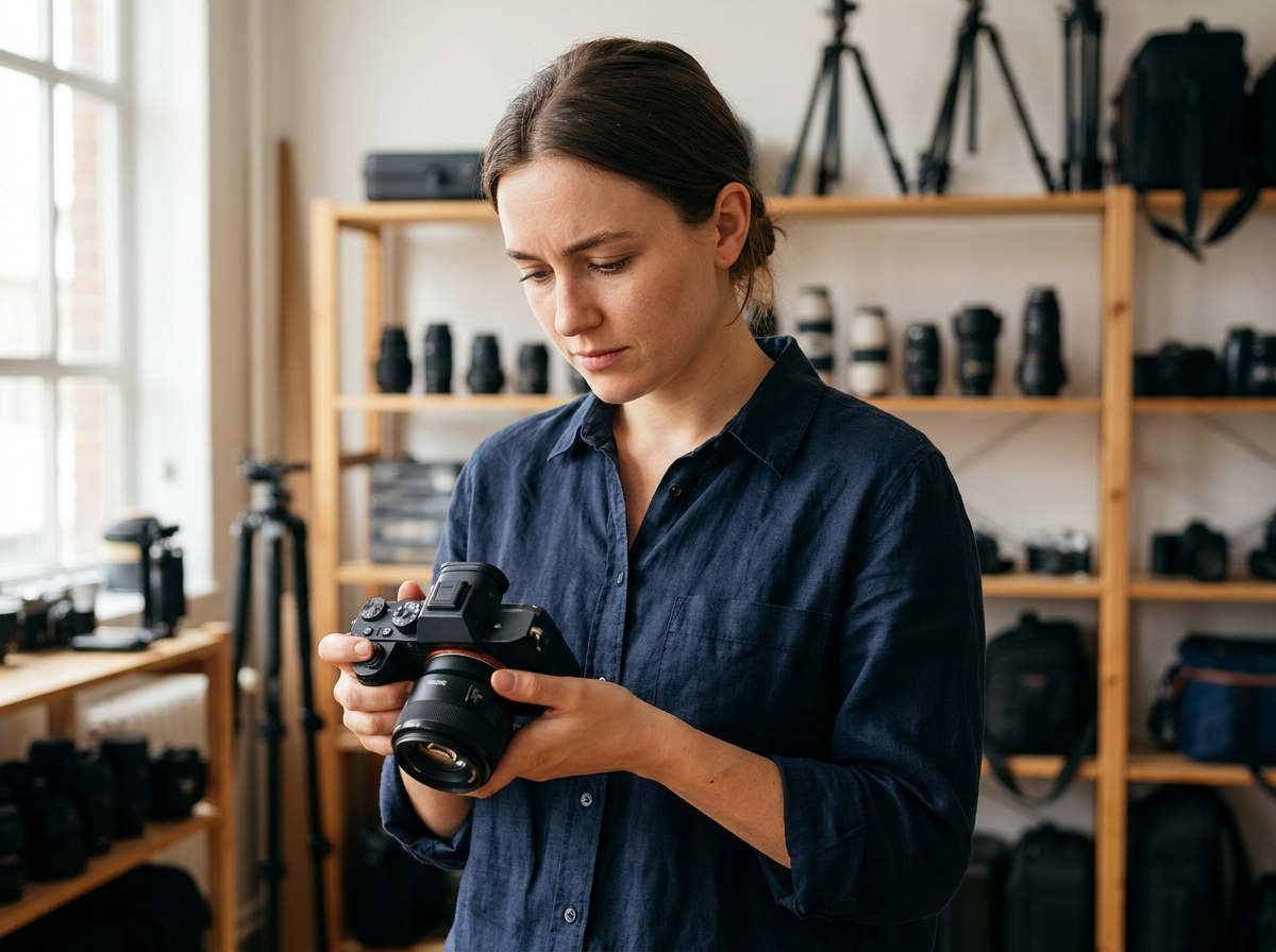 Jeune photographe femme tenant un appareil photo avec objectif 50mm dans un atelier photo professionnel, choisissant sa première spécialité