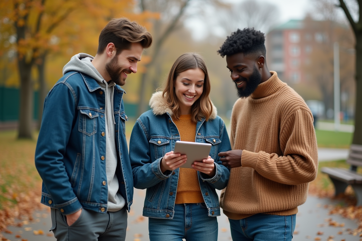 Groupe de jeunes en discussion dans un parc urbain