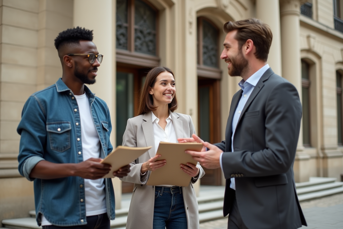 Jeunes discutant devant un palais de justice français en extérieur