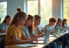 Groupe de lycéens en classe lumineuse utilisant des ordinateurs