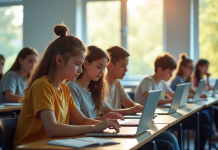 Groupe de lycéens en classe lumineuse utilisant des ordinateurs