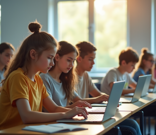 Groupe de lycéens en classe lumineuse utilisant des ordinateurs