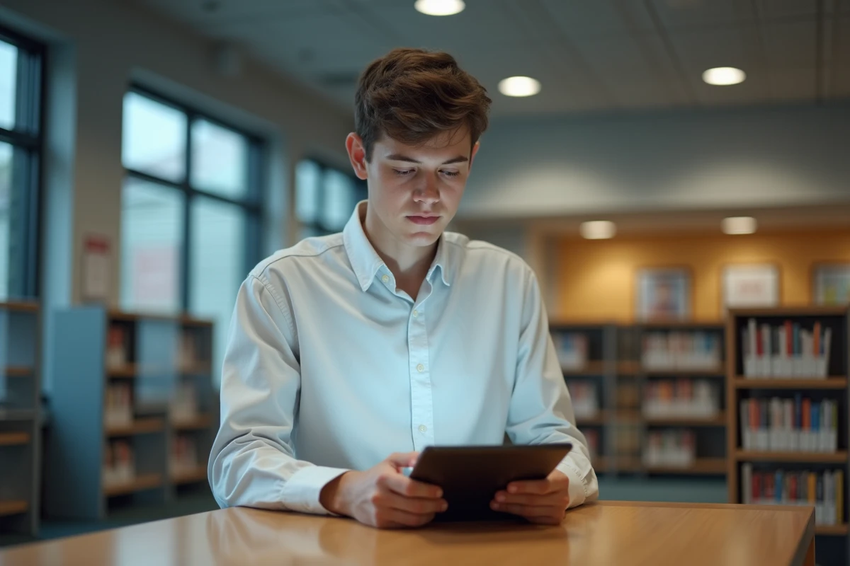 Lycéen consultant son dossier scolaire sur une tablette dans une bibliothèque de lycée