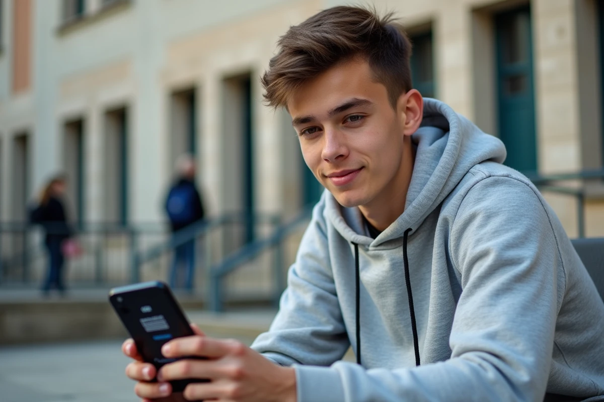 Lycéen utilisant l'application mobile edu Normandie sur son smartphone dans la cour d'un lycée français