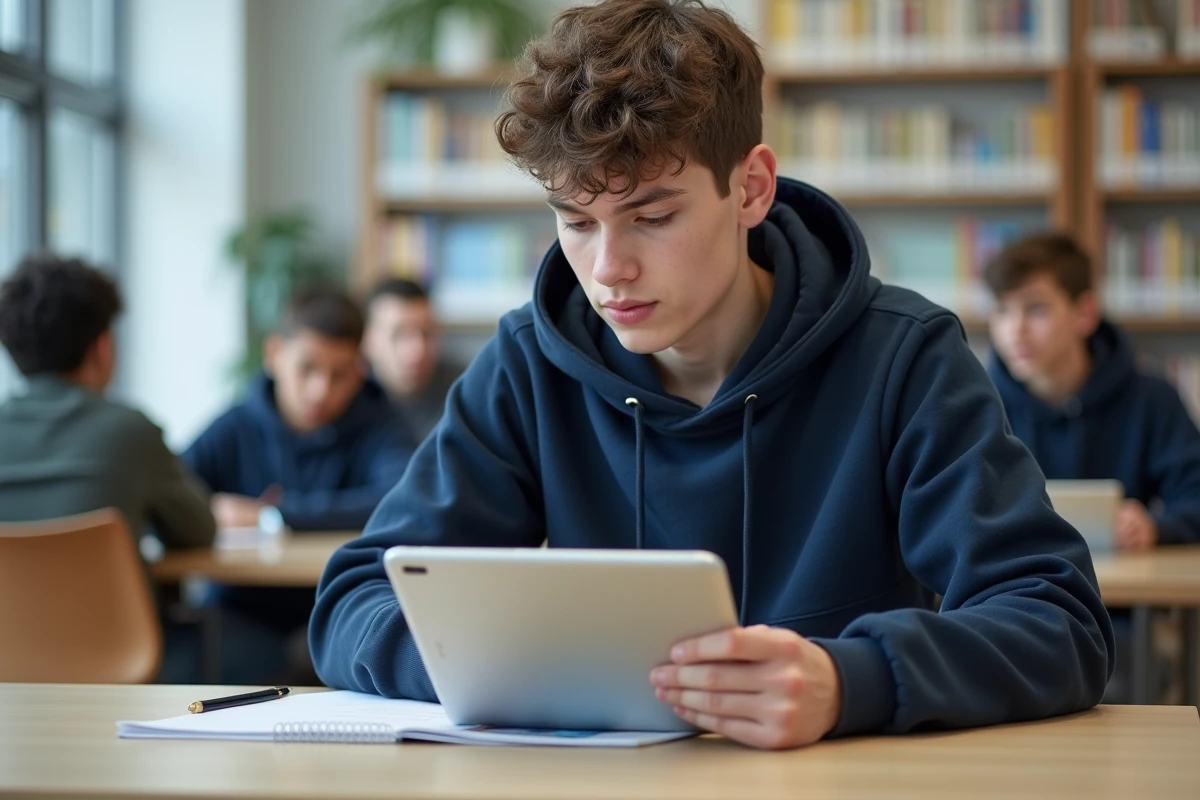 Lycéen consultant la plateforme Esterel Académie Aix Marseille sur une tablette dans une bibliothèque scolaire