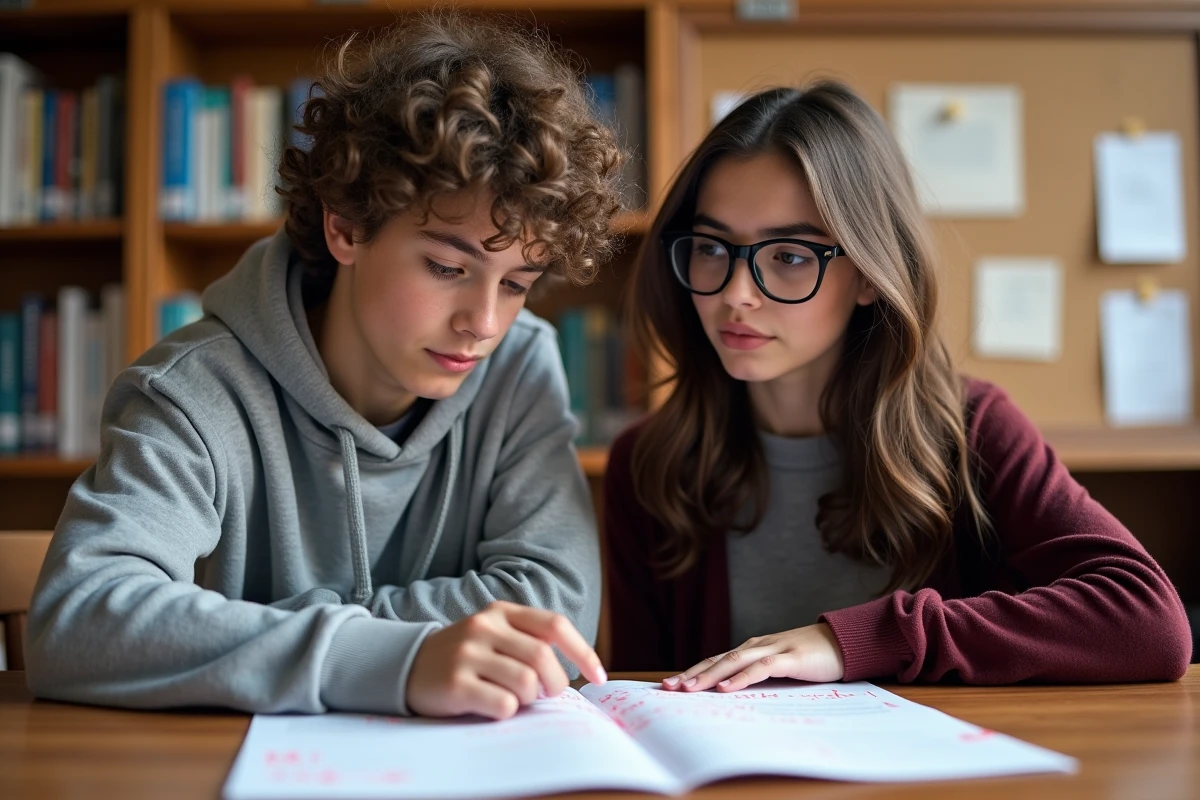 Deux lycéens relisant une dissertation annotée avec des connecteurs corrigés à la bibliothèque