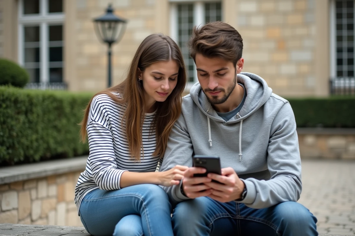 Deux lycéens consultant ensemble leurs résultats et notes du bac sur un smartphone dans une cour d'école
