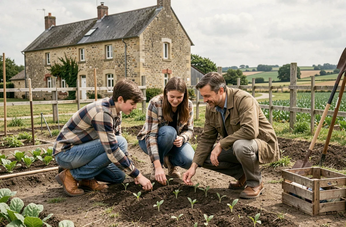 Élèves et formateur de la Maison Familiale Rurale Les Achards lors d'une session pratique de jardinage agricole en extérieur