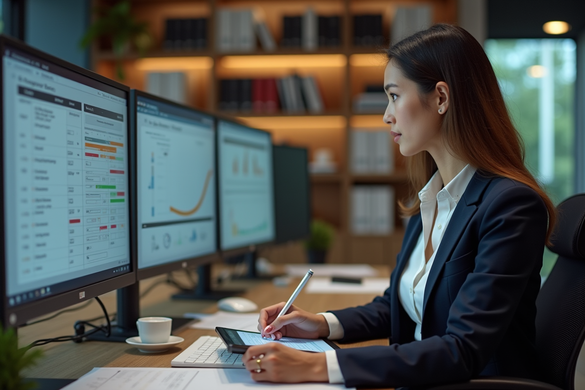 Manager HR examinant une grille de compétences dans un bureau