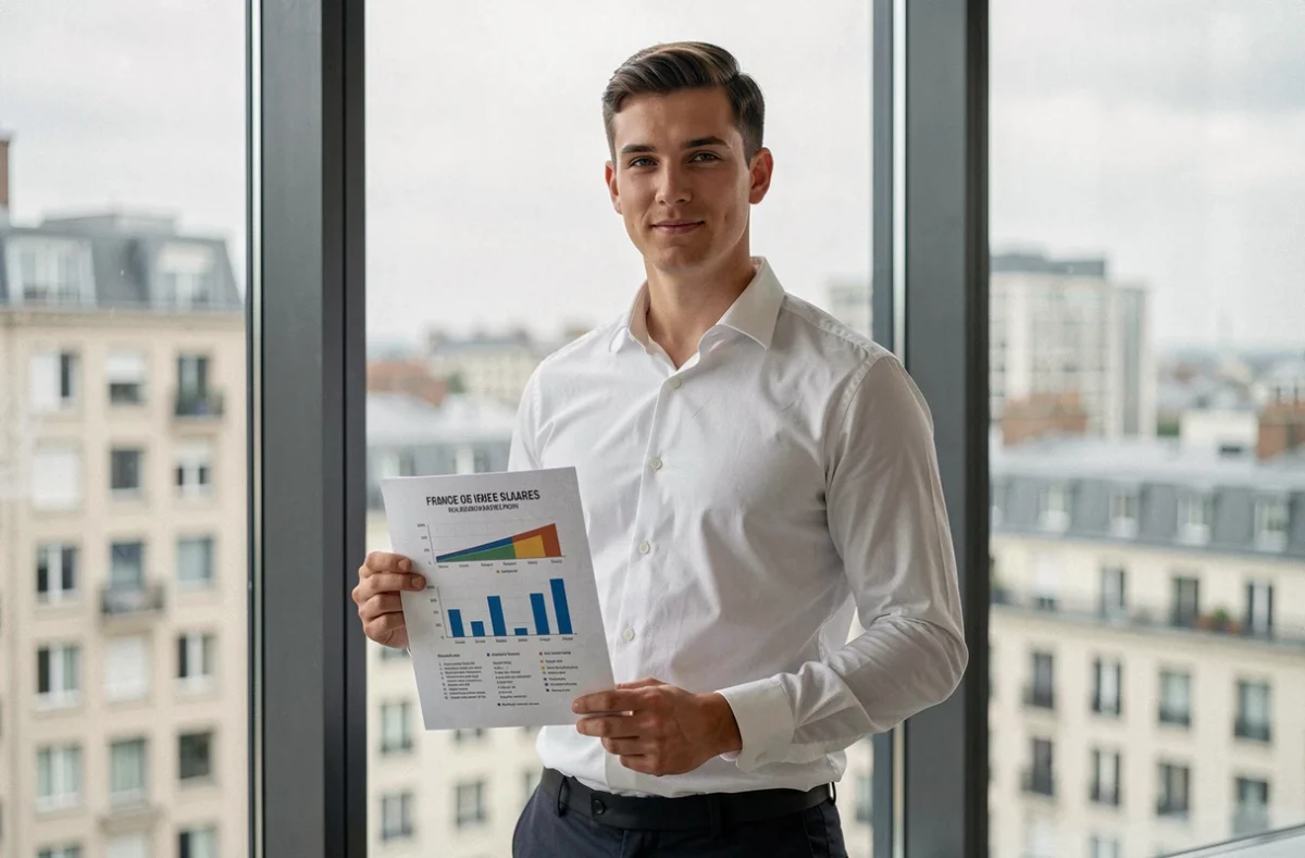 Jeune homme en alternance Master 2 tenant un document comparatif de salaires régionaux devant une fenêtre panoramique en ville