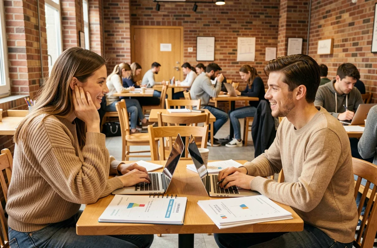 Deux étudiants en Master 2 alternance discutant des écarts de salaires régionaux autour d'un ordinateur sur un campus universitaire